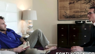 Tattooed bearded hunk fucking young twink bareback here