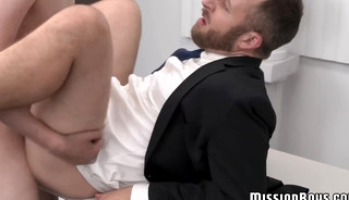 Big dick Mormon twink drills bearded elder after rimming