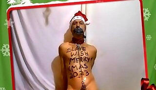 naked slave gay pig exposed handcuffed penis cage xmas greetings candle in urethra BDSM CBT