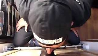 Gray DILF sucking and wanking gloryhole ebony cock in POV