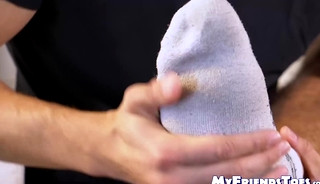 Hairy muscular stud receives foot worship and toe licking