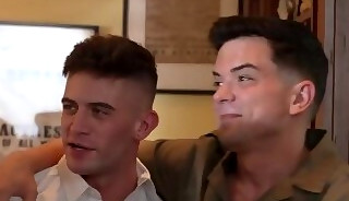 Interracial gay action in the kitchen