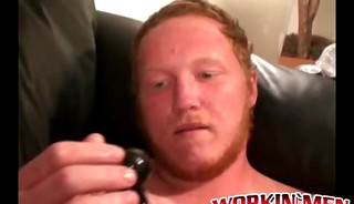 Redhead tugs his cut boner and tries his best to get hard