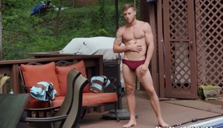 Bisexual session in the pool with blonde Abby Marie and two kinky hung dudes