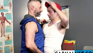 Coach Cole Connors lips swiftly wrapping around the athlete Logan Cross stiff boner