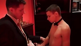 Bunch of rich dudes bareback fucks slave Austin so hard