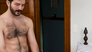 Hairy stepdaddy barebacking stepson asshole in the bedroom