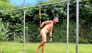 naked slave pig exposed outdoor, brush in ass, swing at my testicles, BDSM CBT