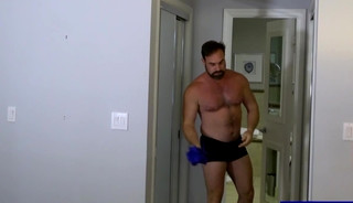 Stepson follows his dad to the shower and touches him