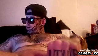 Man full of tattoo masturbating with a fleshlight