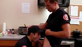 Uniformed studs enjoy bareback anal sex till cum in kitchen
