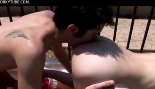 Hot bareback sex guys on the pool