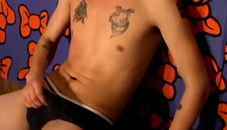 Horny guy Chain in black underwear jerking off his huge dick