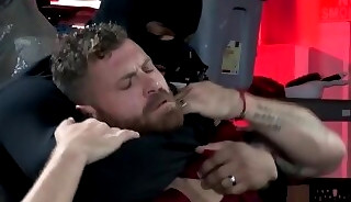 Tattooed mechanic gets robbed and ass fucked by two thieves