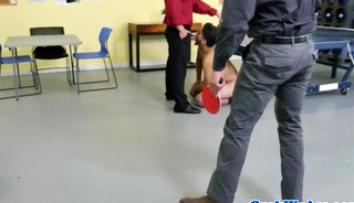 Jock sucked off before gay office threeway