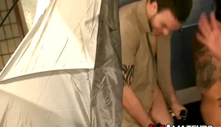 Inked alt studs butt fucking in a camping tent