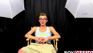 Hung twink Tanner Sharp interviewed and fucks dildo solo