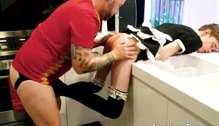 Twink maid with glasses fucked by bald daddy in kitchen