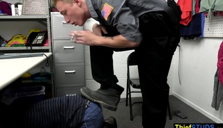 Handcuffed thief in glasses learning the rules on cops big dick