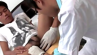 Skinny Asian barebacking with doctor after anal foreplay