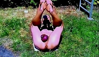 naked pervert slave pig exposed penis cage outdoor public play dildo in ass BDSM CBT