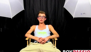 Hung twink Tanner Sharp interviewed and fucks dildo solo