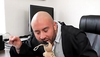 Oiled hunk enjoys rimming at the office after sucking cock